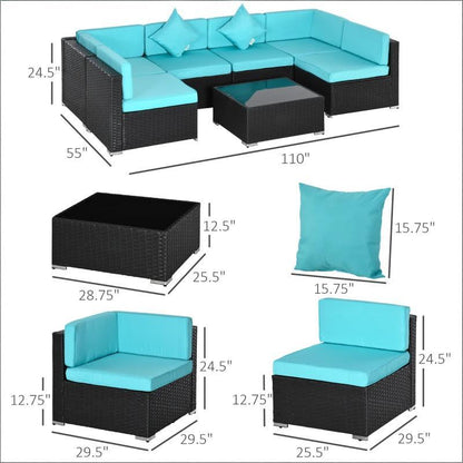 Outdoor Sectional Set PE Rattan Steel Turquoise 7pc