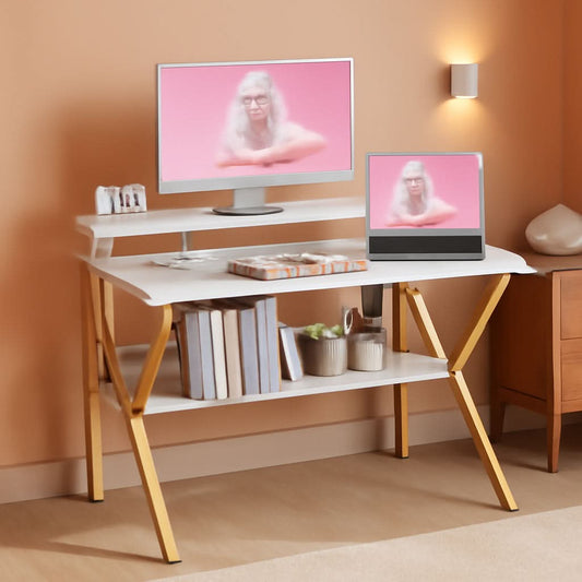 27.5 Inch Computer Desk With Monitor Stand And Storage White Marble Gold Leg