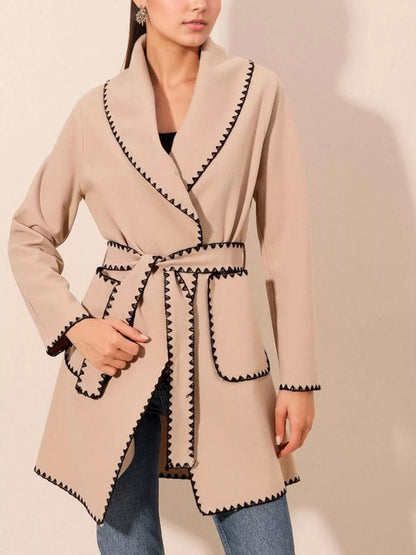 Contrast Trim Tie Waist Outerwear