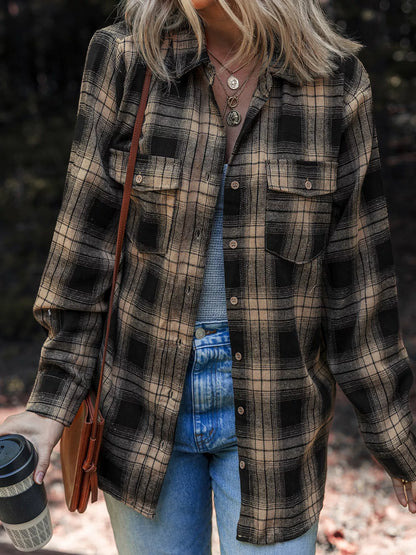 Plaid Double Flap Pocket Brushed Shacket