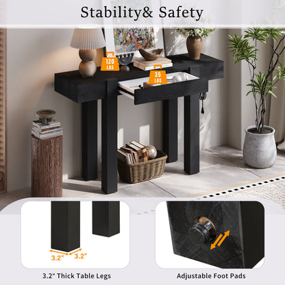 Rustic Console Table, Hidden Drawer, Side Power Outlet, Entryway Table, Black