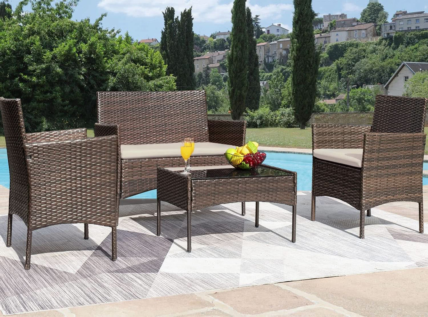 4 Piece Wicker Patio Set With Glass Table Beige Cushions