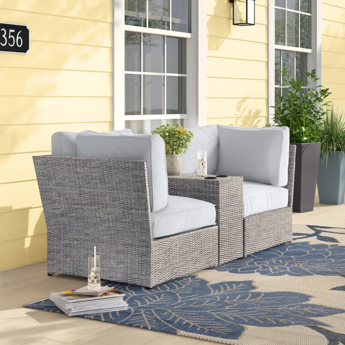 Outdoor Patio Loveseat Set HDPE Wicker Gray 3 Piece Cup Holder Table
