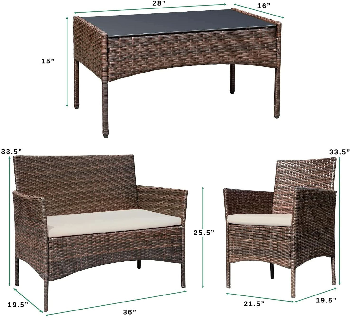 4 Piece Wicker Patio Set With Glass Table Beige Cushions