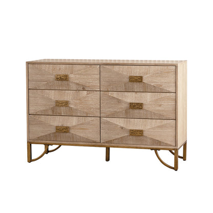 Chest Modern 6-Drawer Natural Wood Geometric Diamond Gold Legs 47.24 In