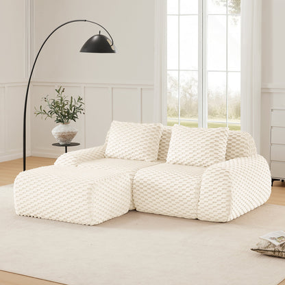 Sectional loveseat L-Shape Flannelette Cream 2 Seat with Ottoman 82 In