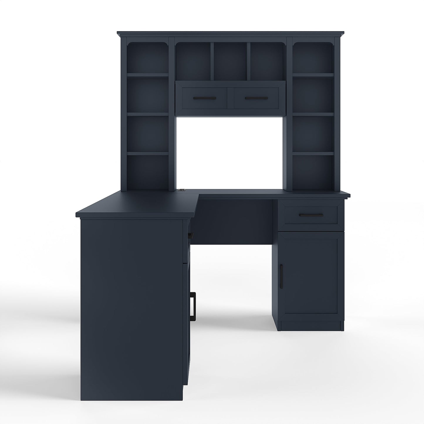 L-Shaped Computer Desk with 2 Cabinets and 2 Drawers, 11 Open Shelves and 1 R...