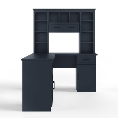 L-Shaped Computer Desk with 2 Cabinets and 2 Drawers, 11 Open Shelves and 1 R...