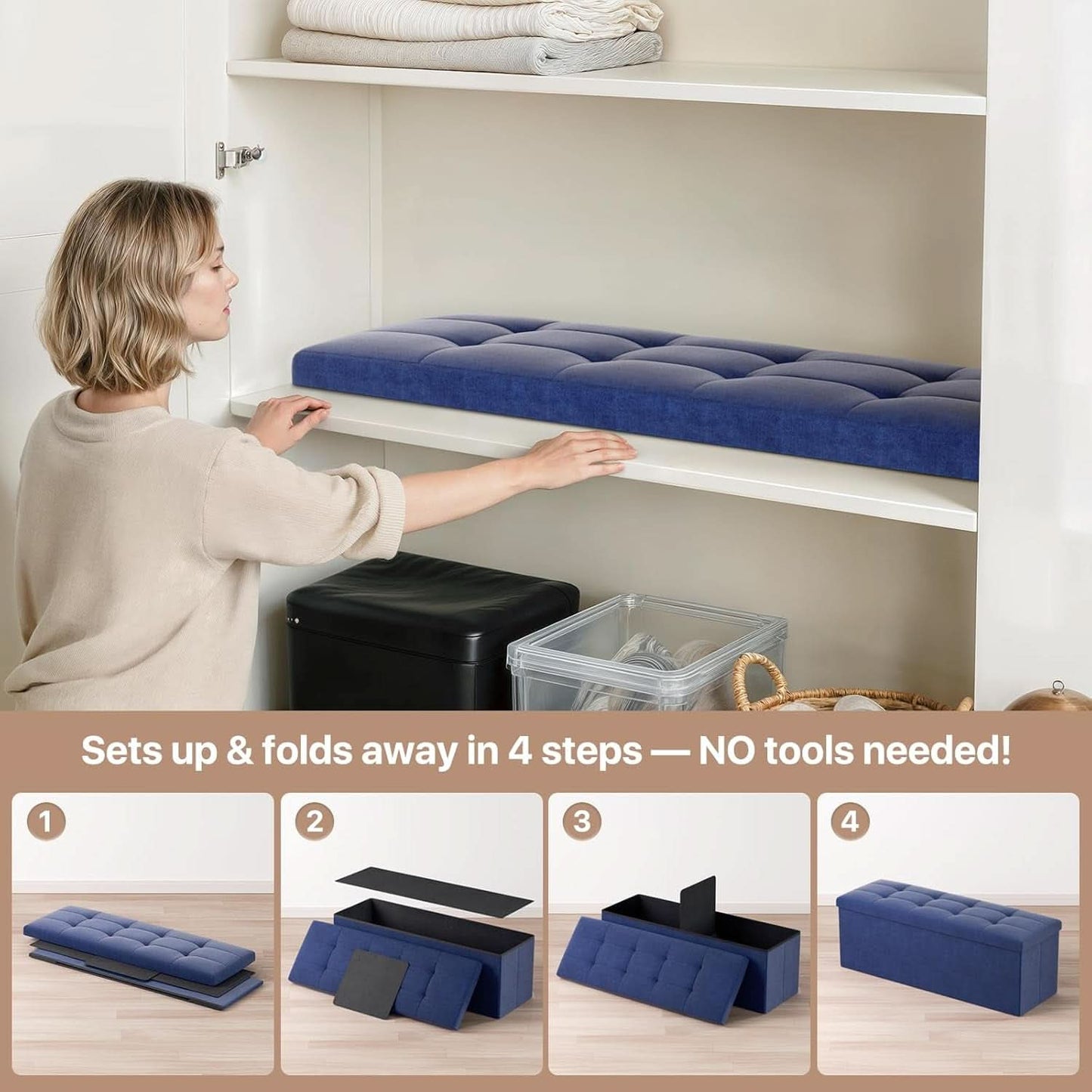 Navy Blue Folding Storage Ottoman Organizer 43Inch