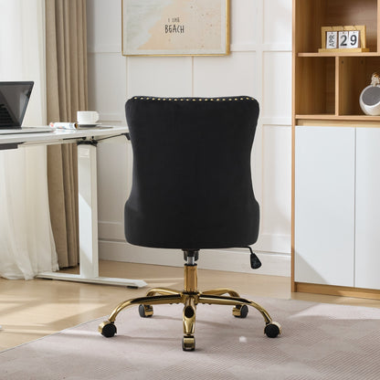 Swivel Office Chair Velvet Black Tufted Button Gold Metal Base 24.8x38.6 In