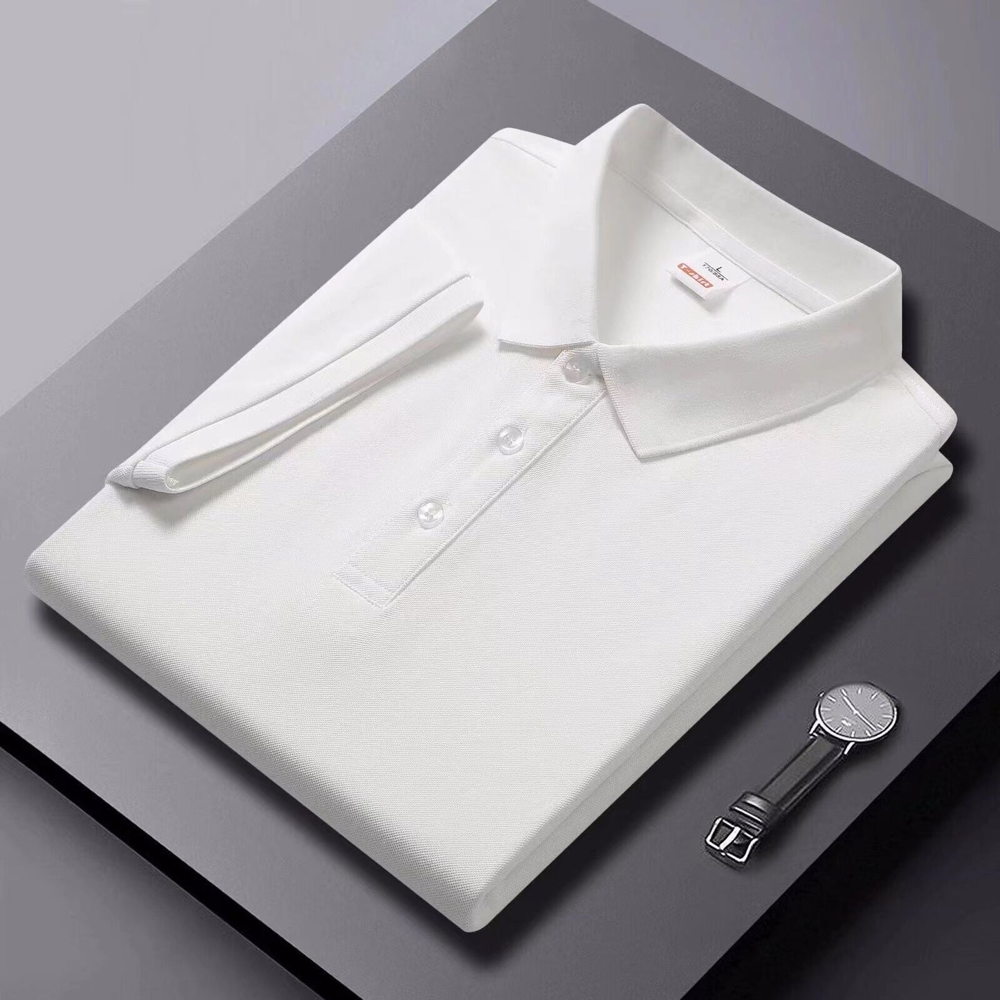 Solid-color Summer Mens Clothing Lapel Half-sleeve High-end Trendy Casual Plain Top