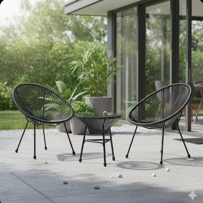 Outdoor Bistro Set PE Rattan Black Tempered Glass Table 3pc