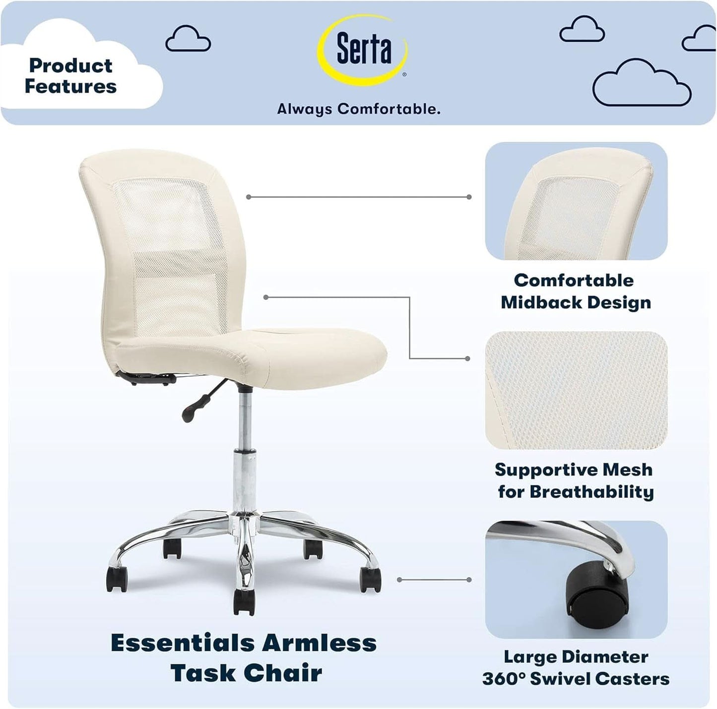 Armless Desk Chair With Mesh Back And Wheels Cream White