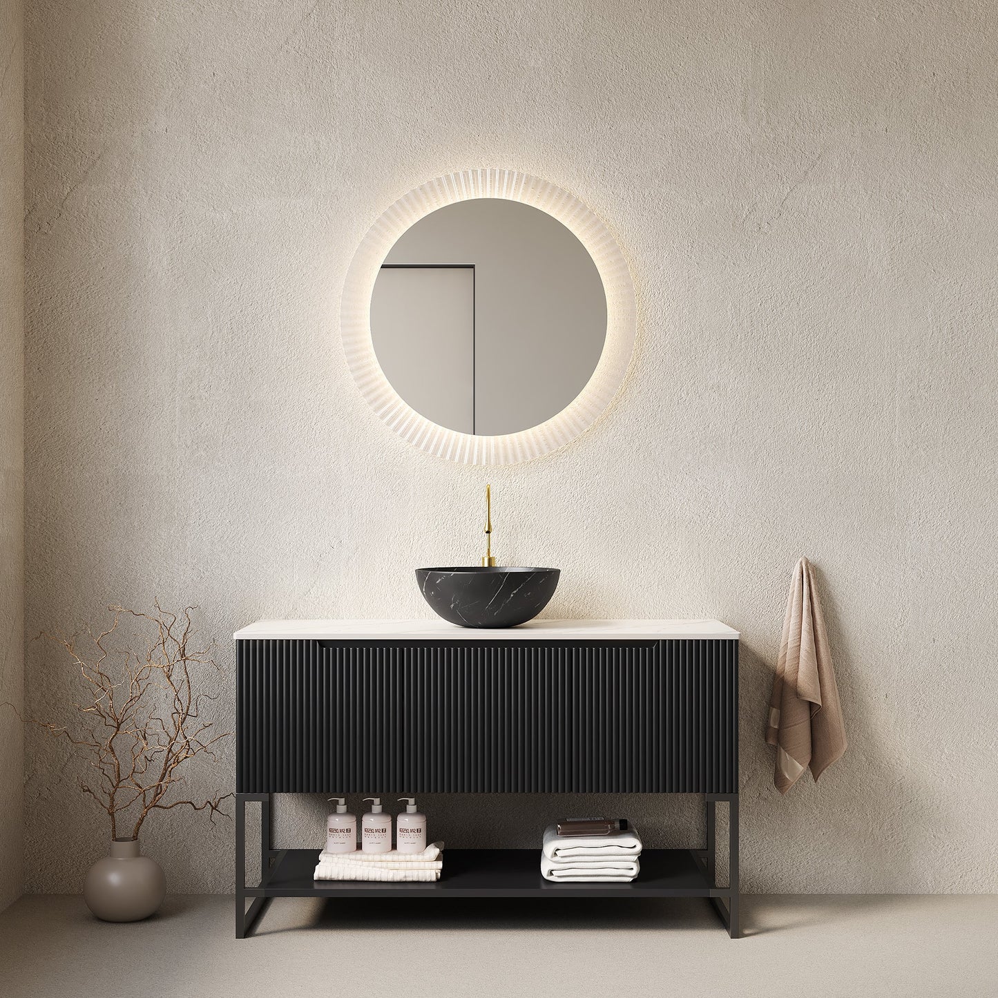 48' Bathroom Vanity with Sink, Freestanding 3 Doors Open Shelf Black Bowl Basin