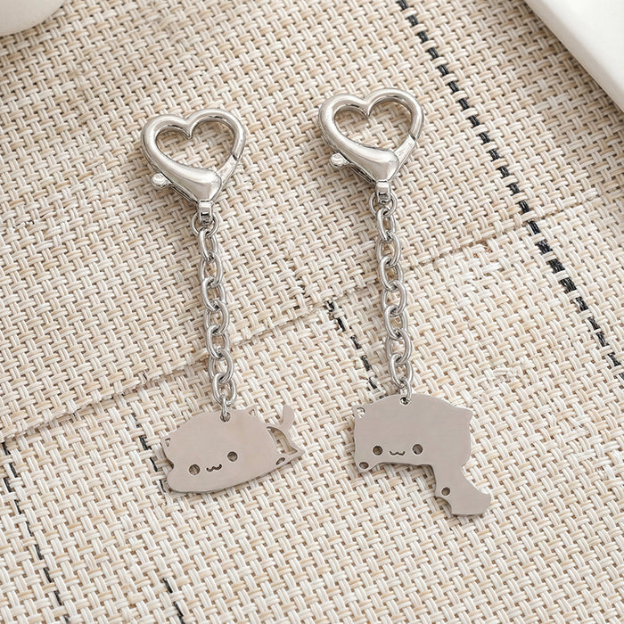 2Pcs Cute Dudu Bubu Hug Cat Couple Keychain Set, Stainless Steel Double Cat Charms, Round Key Ring & Heart Lobster Clasp, Sweet Matching Pair Gift For Lovers