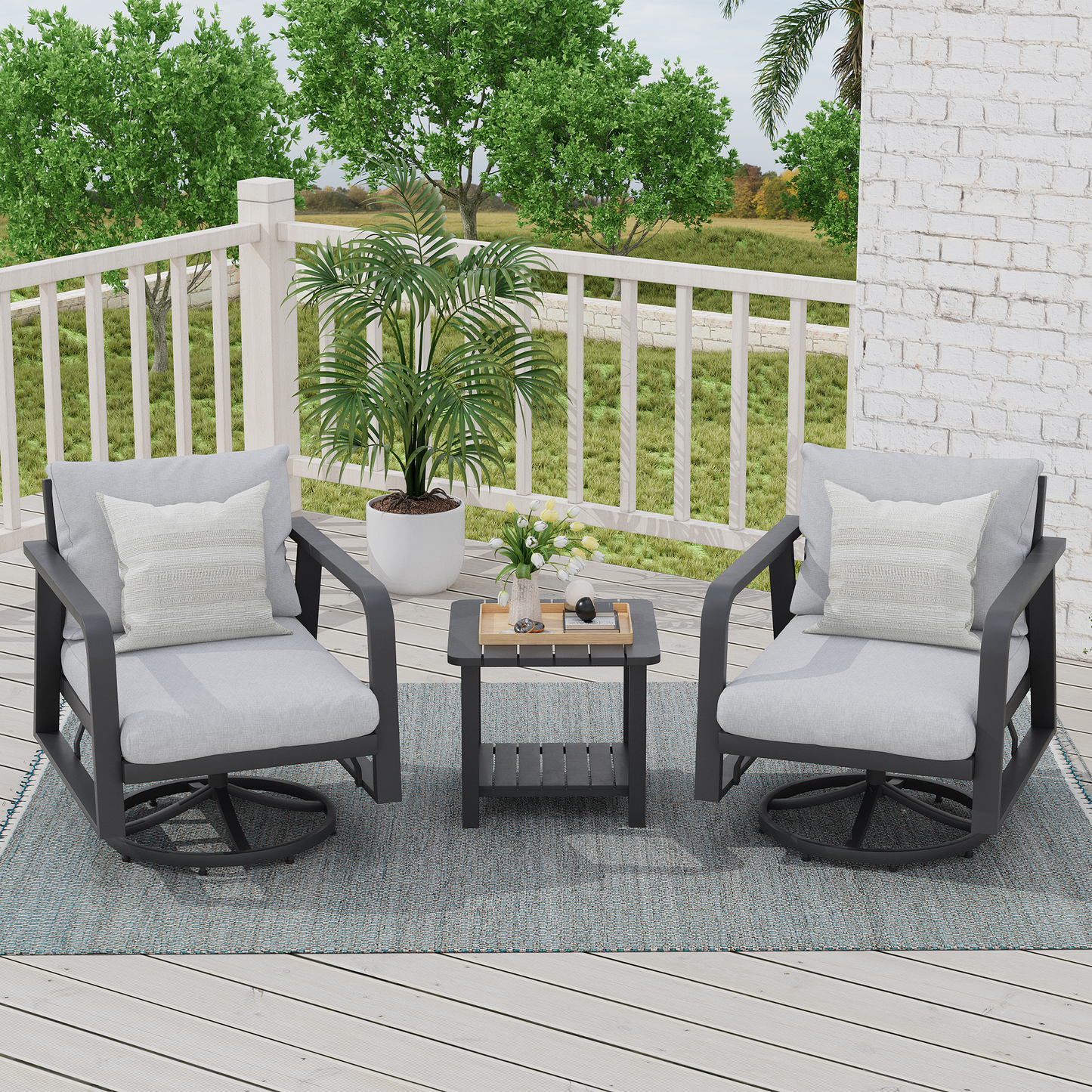 Outdoor Swivel Chair Set Aluminum Dark Gray Side Table