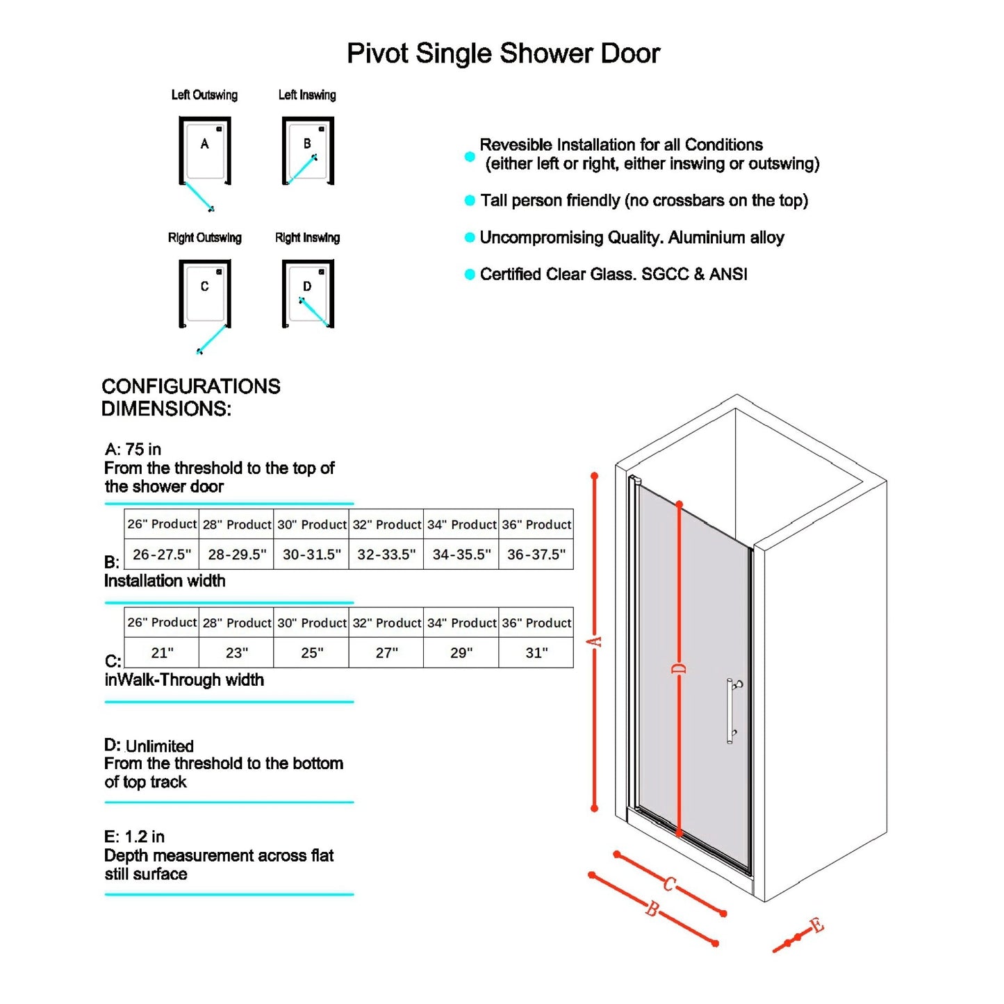 32-33.5in W x 75in H Pivot Single Swing Shower Door, Matte Black, 6mm Glass