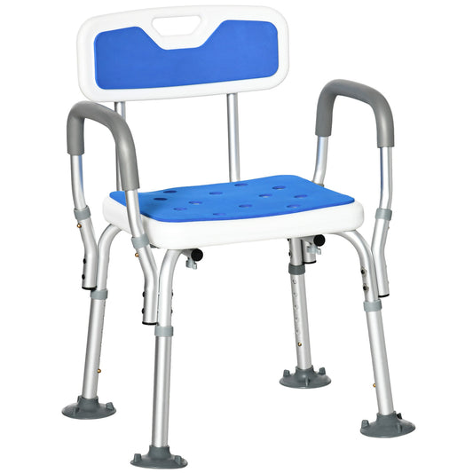 Shower Chair EVA Padded Back Arms Aluminum 299 LB 6-Level Adjustable Blue