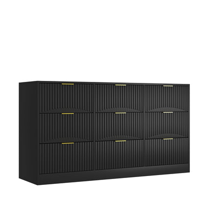 Dresser Classic 9-Drawer Black Particle Board Gold Handles 63x15.74 In