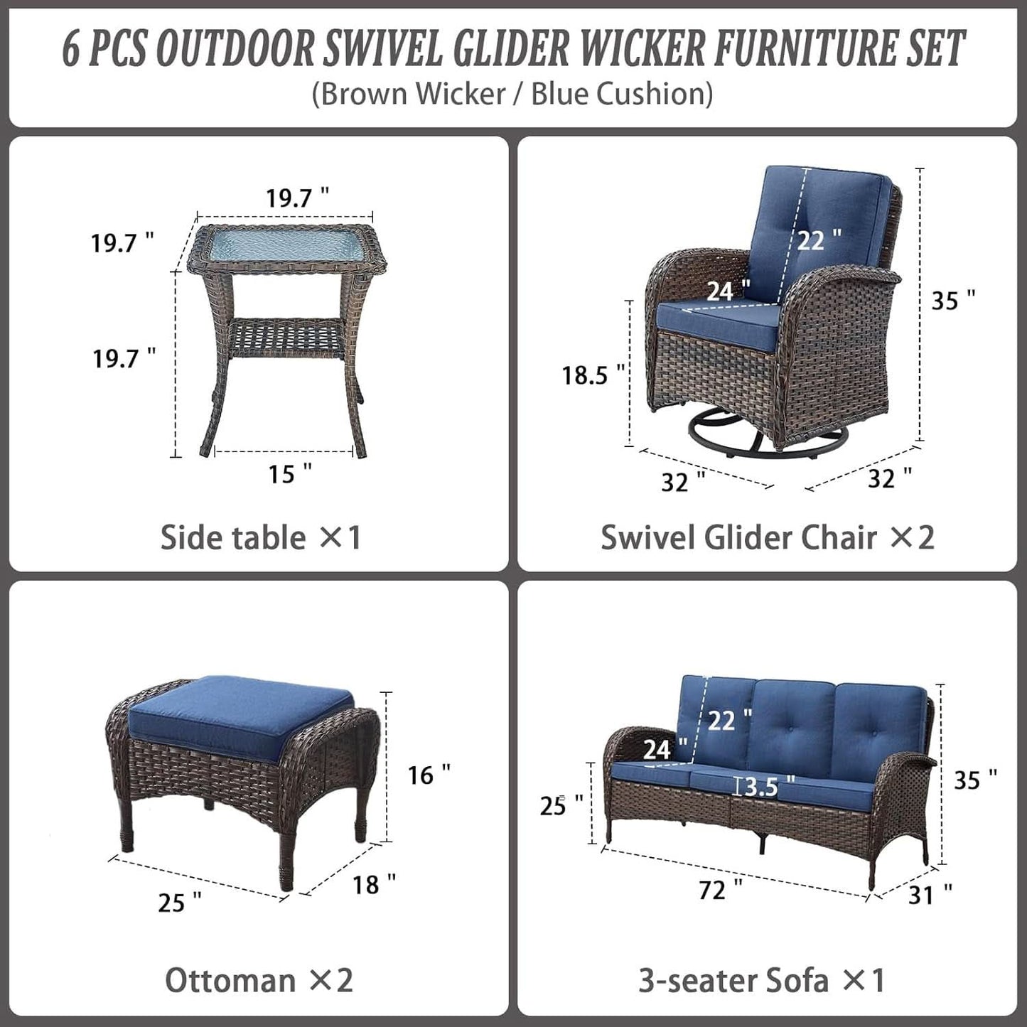 Six Piece Patio Conversation Set Brown Wicker Blue Cushions
