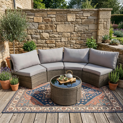 Outdoor Sectional Set PE Rattan Steel Gray 8 Piece Half Moon Seats 6