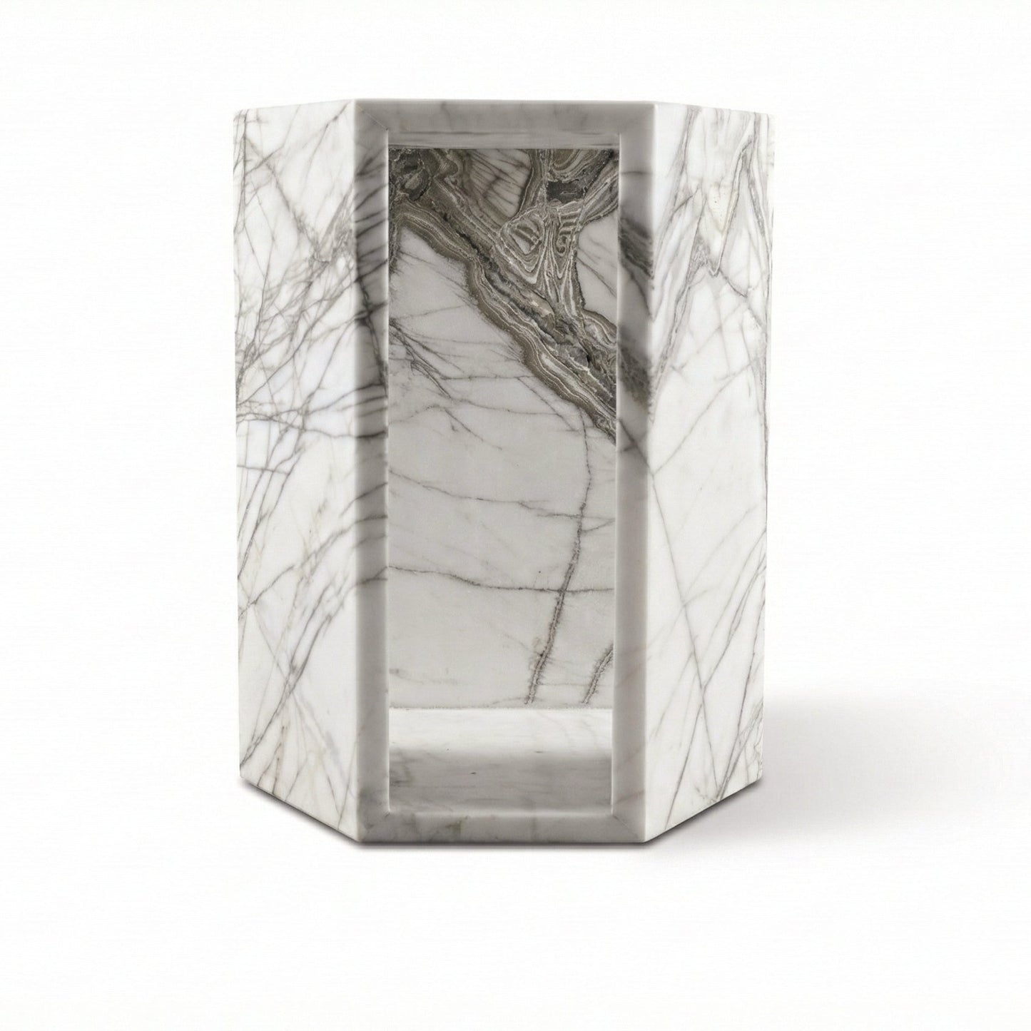 White Marble Hexagon Side Table, 15.7 in, Geometric Stone, Polished Pedestal
