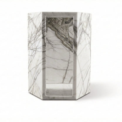White Marble Hexagon Side Table, 15.7 in, Geometric Stone, Polished Pedestal