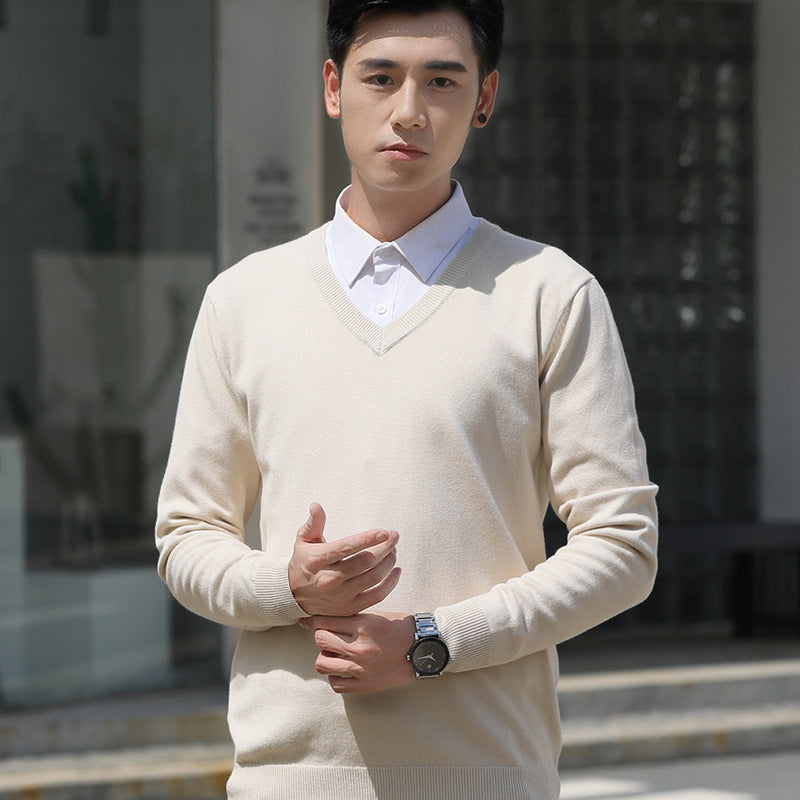 Mens Loose-Fit V-Neck Sweater Thick And Warm Knitted Top