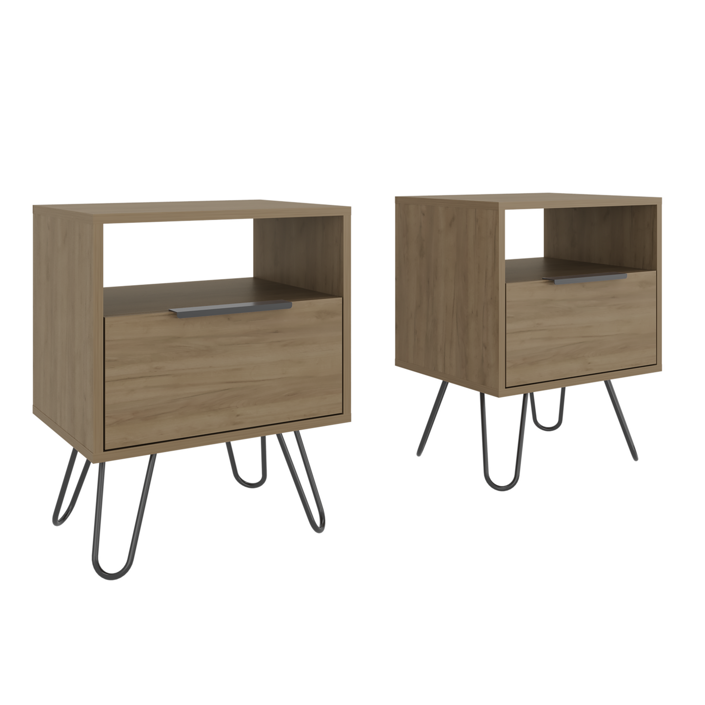 Set of 2 Modern Nightstands with Storage, Metal Legs, Light Oak