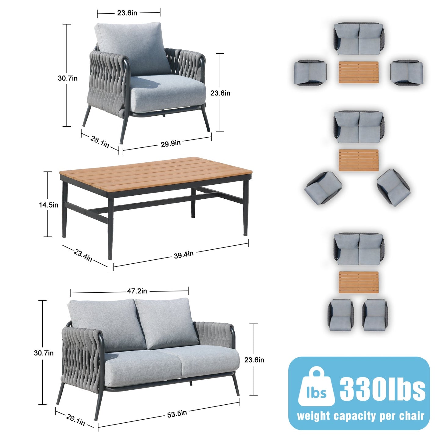 Outdoor Conversation Set Woven Rope Black Gray 4 Piece Olefin Cushions