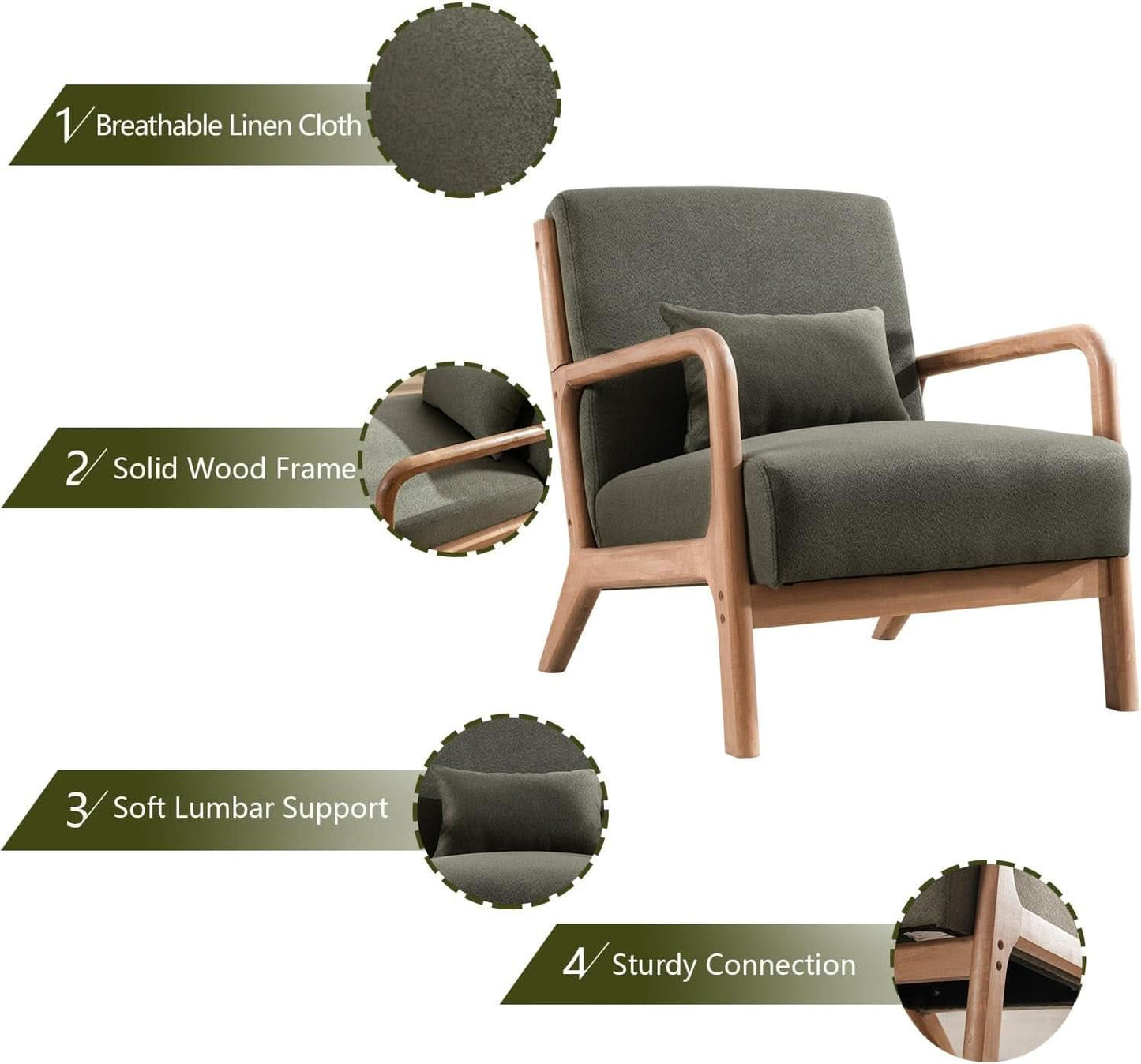 Green Upholstered Mid Century Modern Accent Armchair