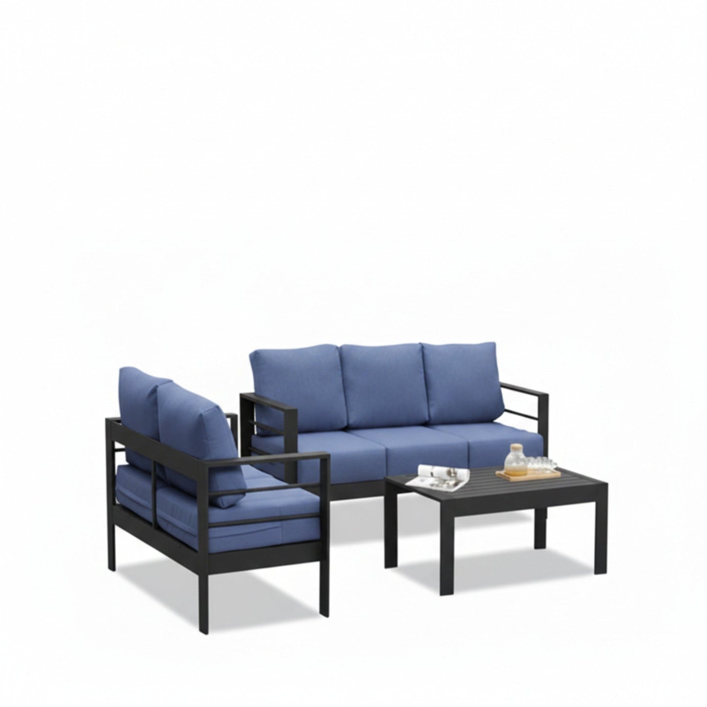 Outdoor Patio Set 3 Piece Aluminum Sofa Loveseat Black Blue