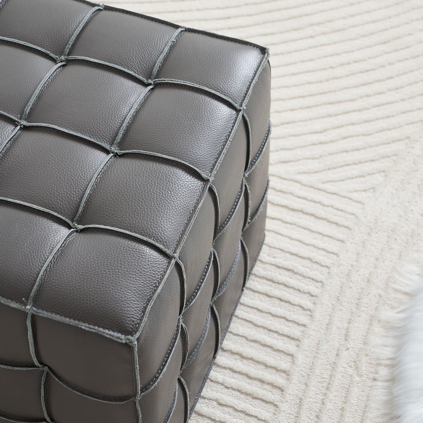17.32 Inch Quality Leather Tufted Square Ottoman Footstool, Grey