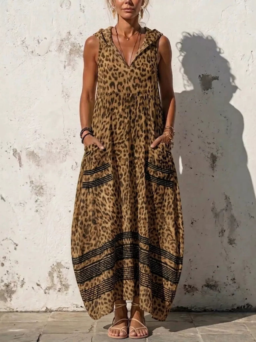 Full Size Sleeveless Hooded Leopard Print Maxi Dress with Pockets Plus Size