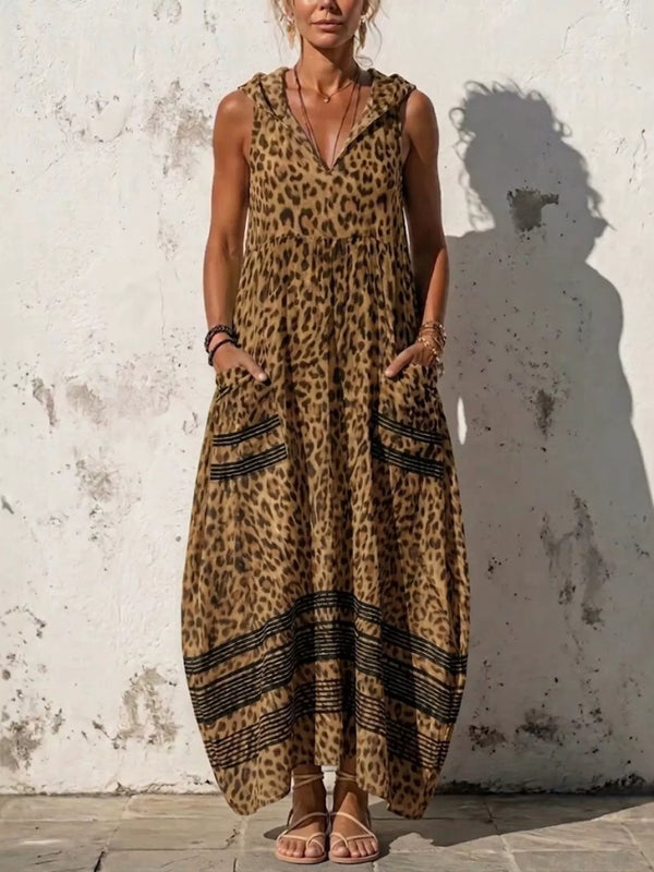 Full Size Sleeveless Hooded Leopard Print Maxi Dress with Pockets Plus Size