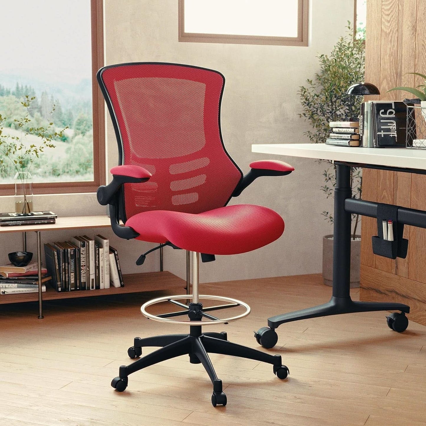 Kelista Red Mid Back Swivel Office Chair With Flip Armrests