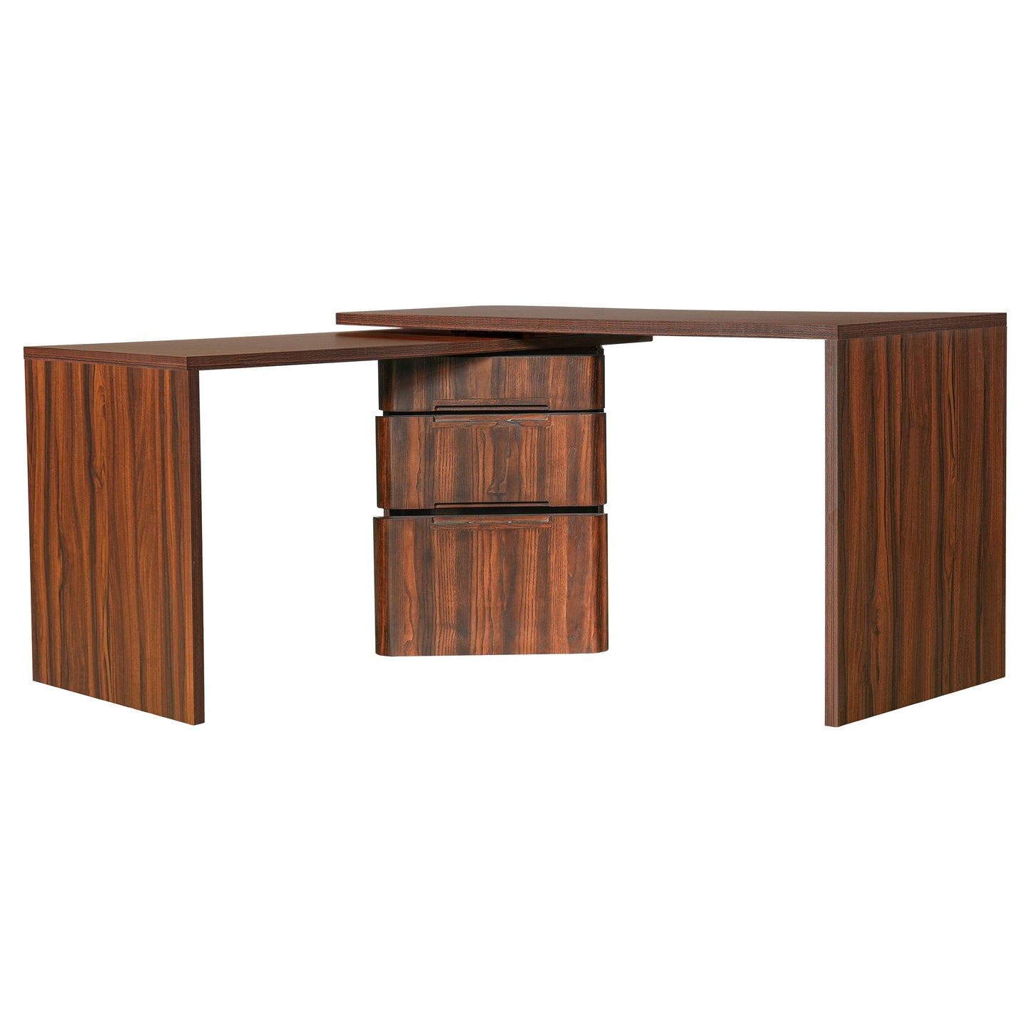 90' Modern L Shaped Desk in Walnut with 3 Drawers,360deg Wood Rotating Desk,Exe...