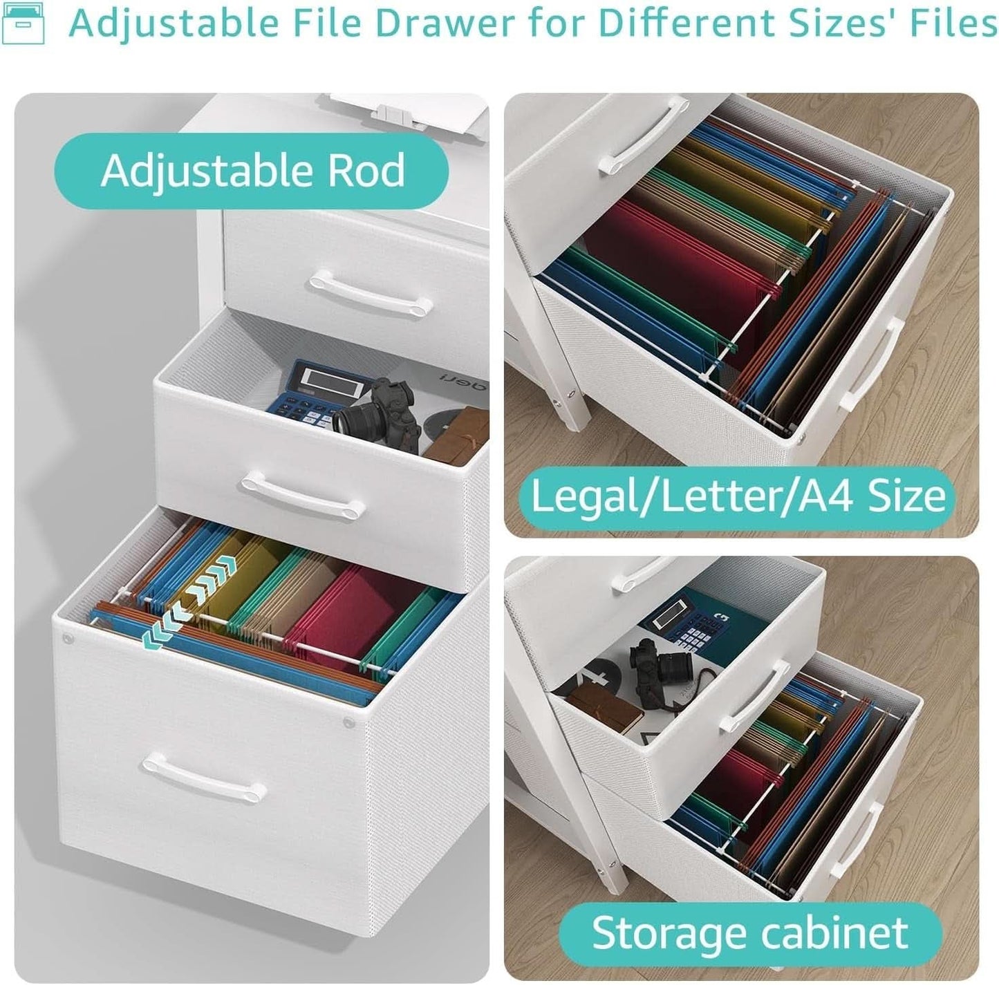 47 Inch White Computer Desk With Fabric File Drawers