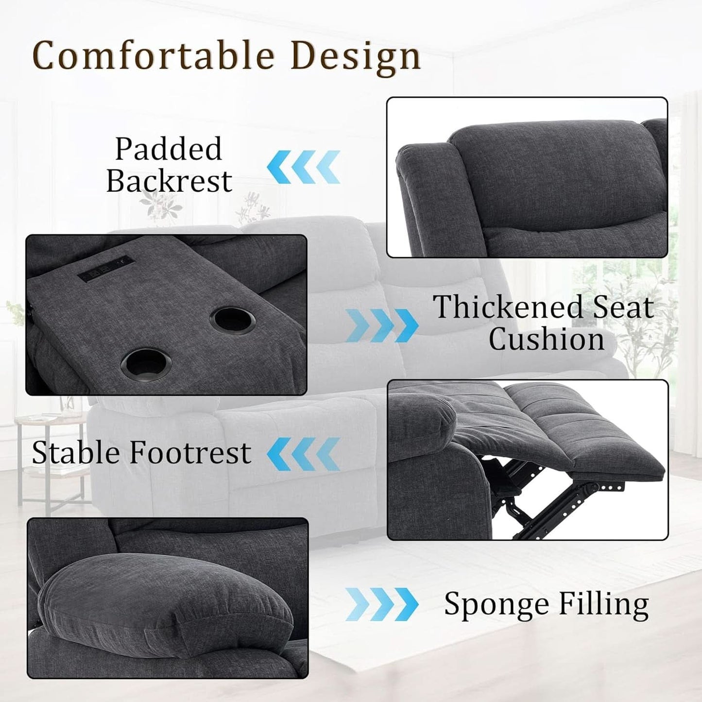 Grey Oversized 3 Seater Reclining Sofa With Console