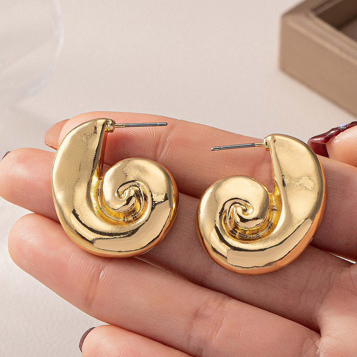 Retro Convex Spiral Gold Earrings - European American Middle Eastern Style Hoop Drop Studs