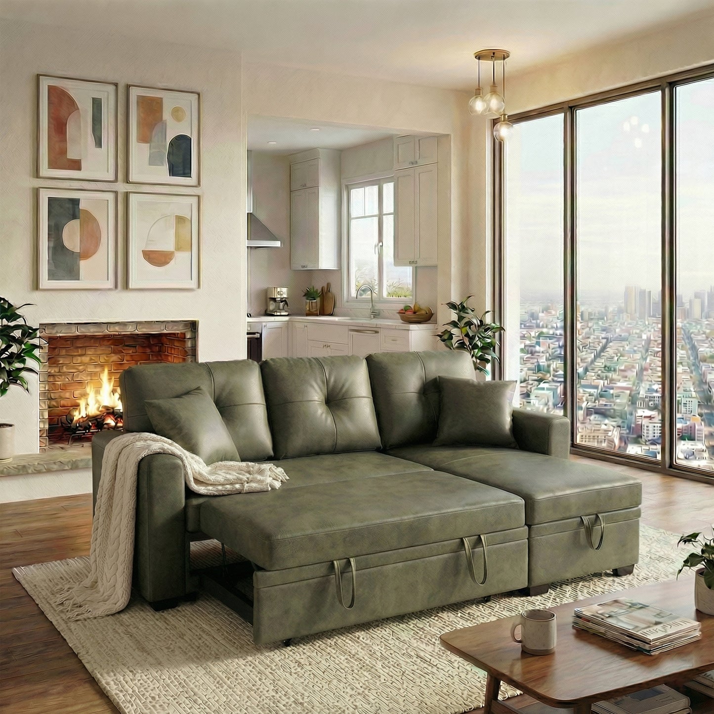 Sectional Sofa L-Shape Olive Green Sleeper 71