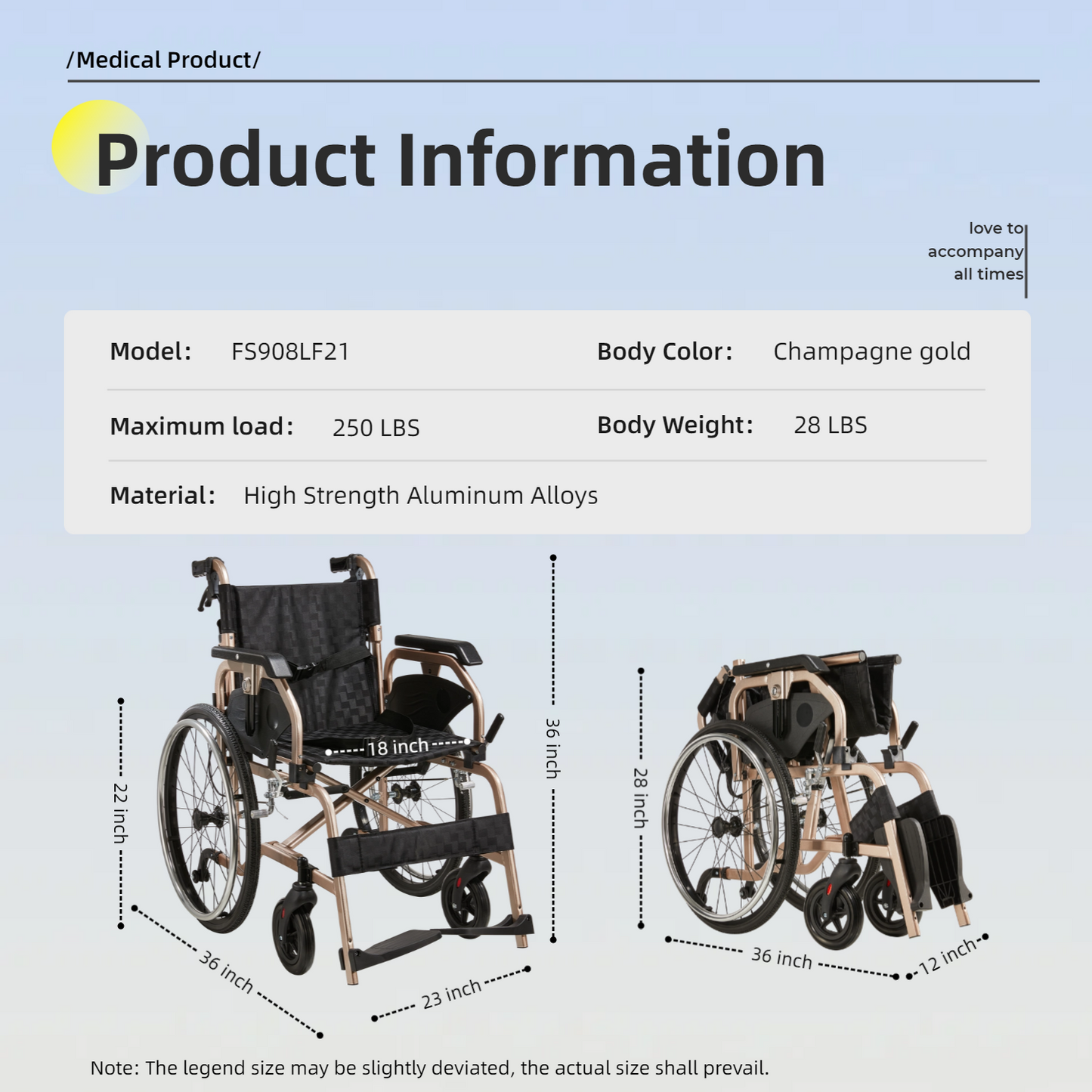 Wheelchair Manual Transport Folding Aluminum 18 In Seat 250 LB Gold Black