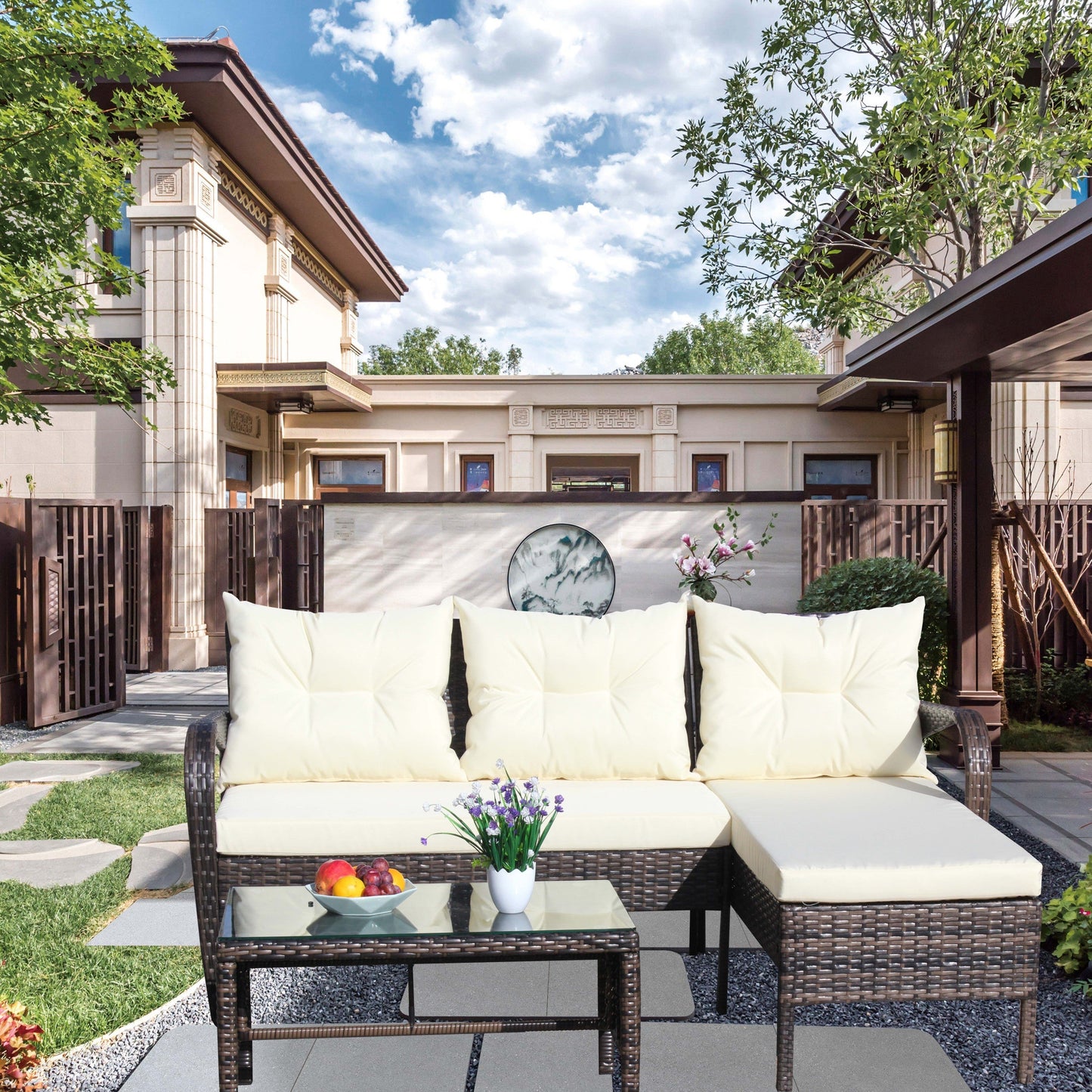 Outdoor Sectional Set PE Rattan Steel Brown Beige Cushion 3 Piece 560 LB