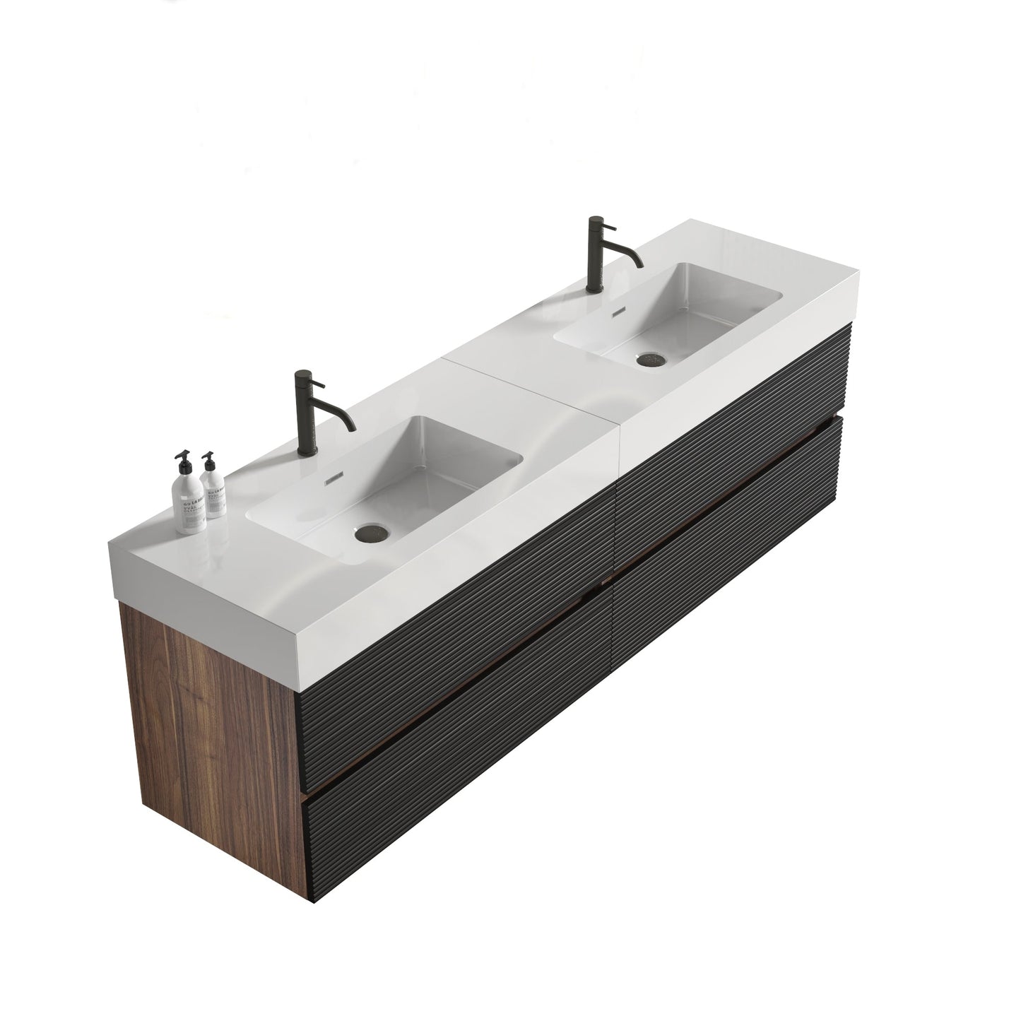 72'' Double Bathroom Vanity with Matt Black Quartz Sink Soft Black Drawers Wall Mount