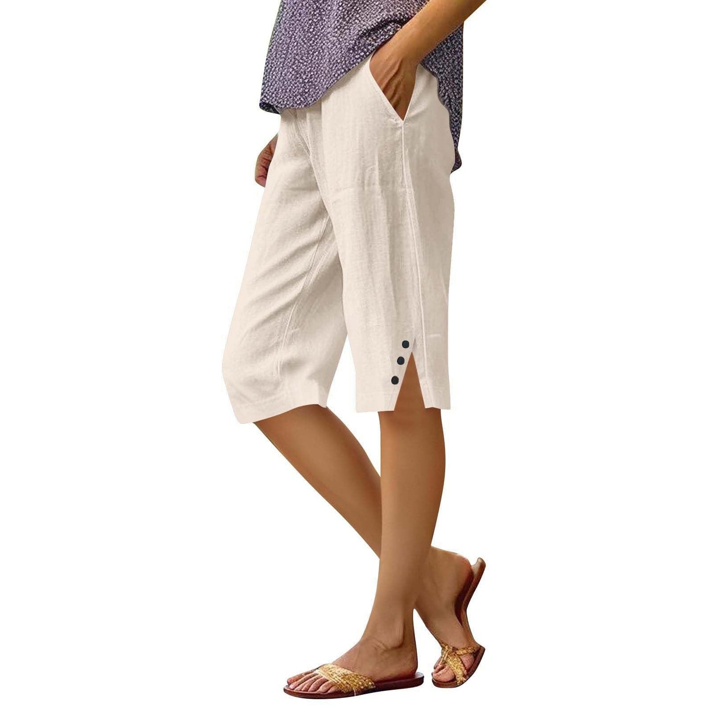 Casual Loose-fit Cotton-linen Drawstring Shorts With Pockets