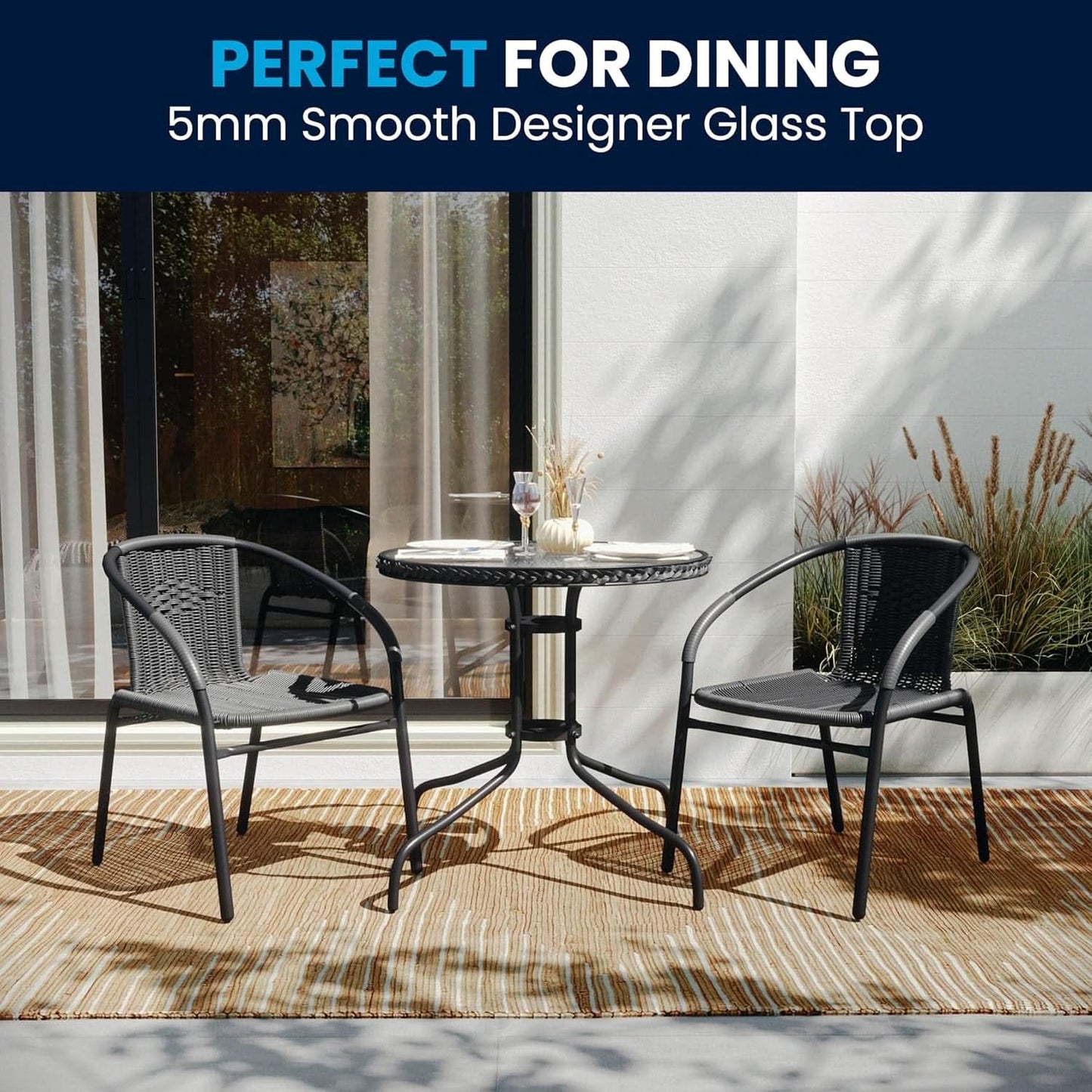 3-Piece Patio Dining Set With Round Glass Table And Stackable Rattan Chairs Gray
