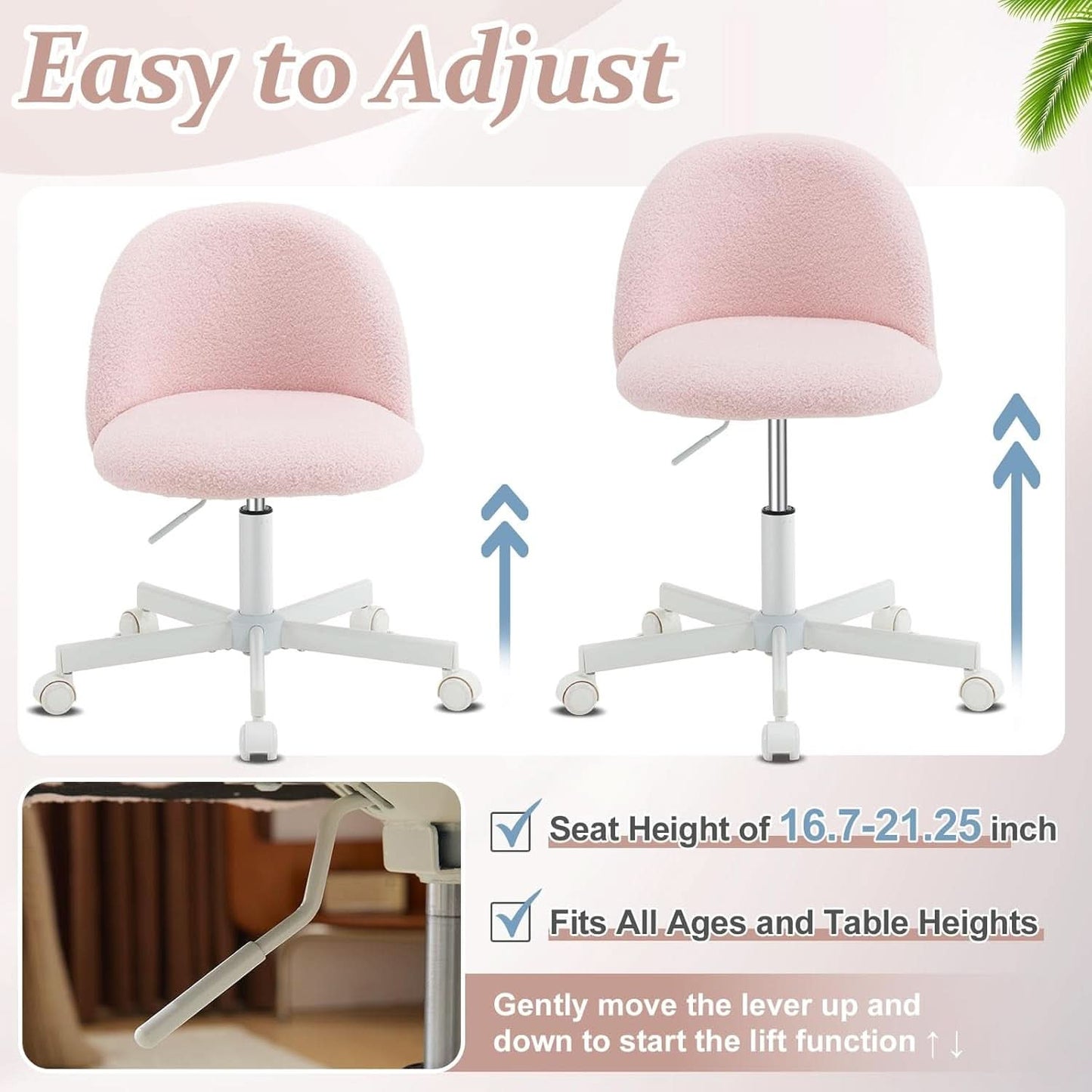 Pink Teddy Desk Chair With Lumbar Support And Wheels