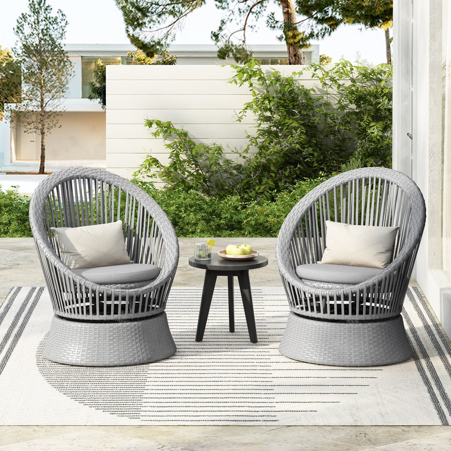 Modern Silver Grey Swivel Wicker Lounge Chair Set with PE Rattan and Iron