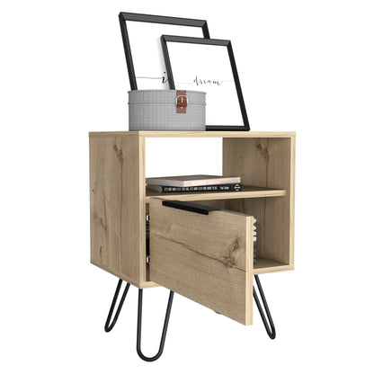 Set of 2 Modern Nightstands with Storage, Metal Legs, Light Oak