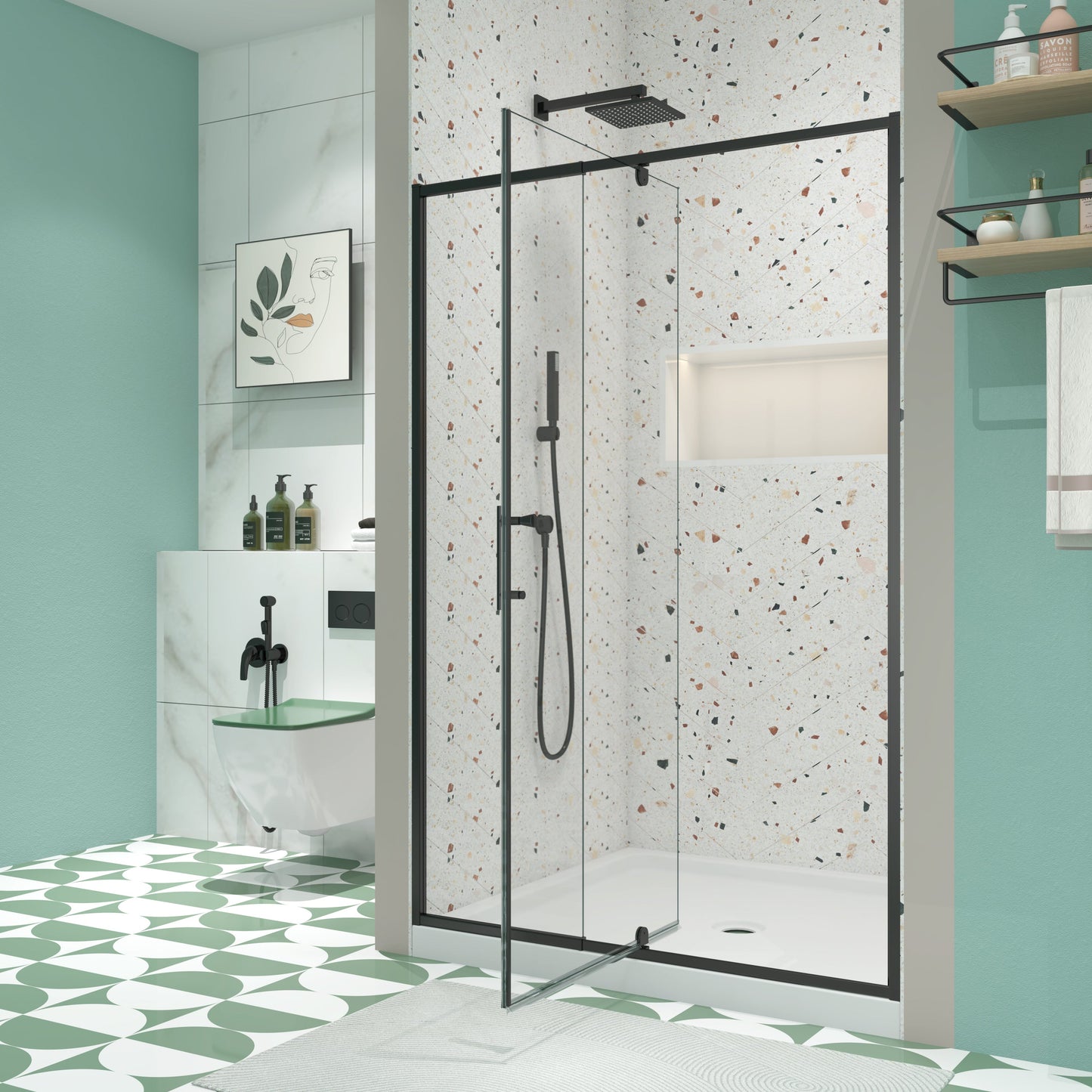 56-60in W x 71in H Pivot Swing Glass Shower Door, Matte Black, 6mm Clear SGCC